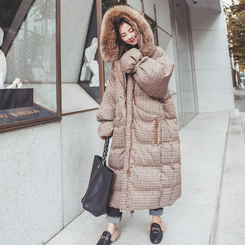 New Winter Jacket Women Long Coat Plaid Parka Down Fur collar Hooded Thick Warm Cotton clothing Loose Overcoat Tide | Женская одежда