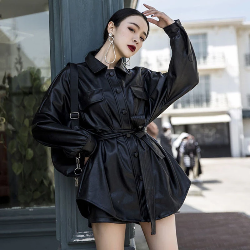 Куртка женская из ПУ кожи с карманами и длинным рукавом PY80|Кожаные куртки| |