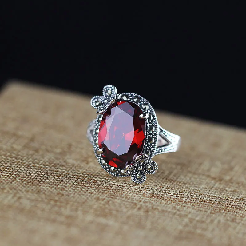 

S925 Sterling Silver Ornament Women's Painted Pomegranate Red Ring