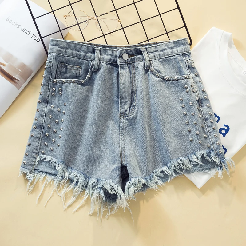

DIMANAF Plus Size Women Shorts Pants Jeans Rivet High Elastic Waist Denim Female Tassel Pockets Solid Loose Summer Large S-5XL