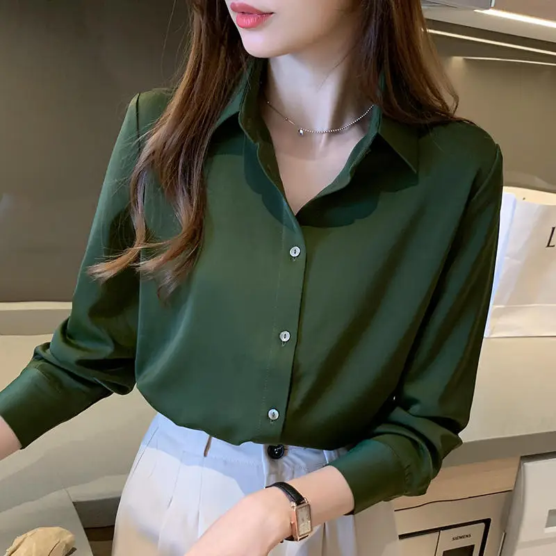 

Spring And Autumn Blouse Women Clothes Slim Long Sleeve Ladies Tops Blusas Casual Streetwear New Silk Shirts Female Solid Q3637