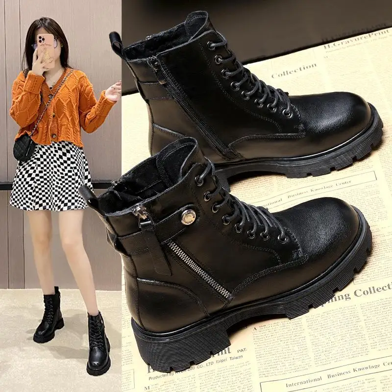 

Ботинки женские из натуральной кожи, ботинки на платформе, каблук, дизайнерские полусапожки мартинсы, черные, 2021