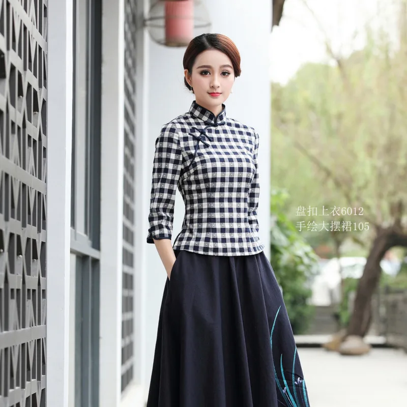 Красно черная клетчатая блузка хлопковая рубашка в китайском стиле Женский