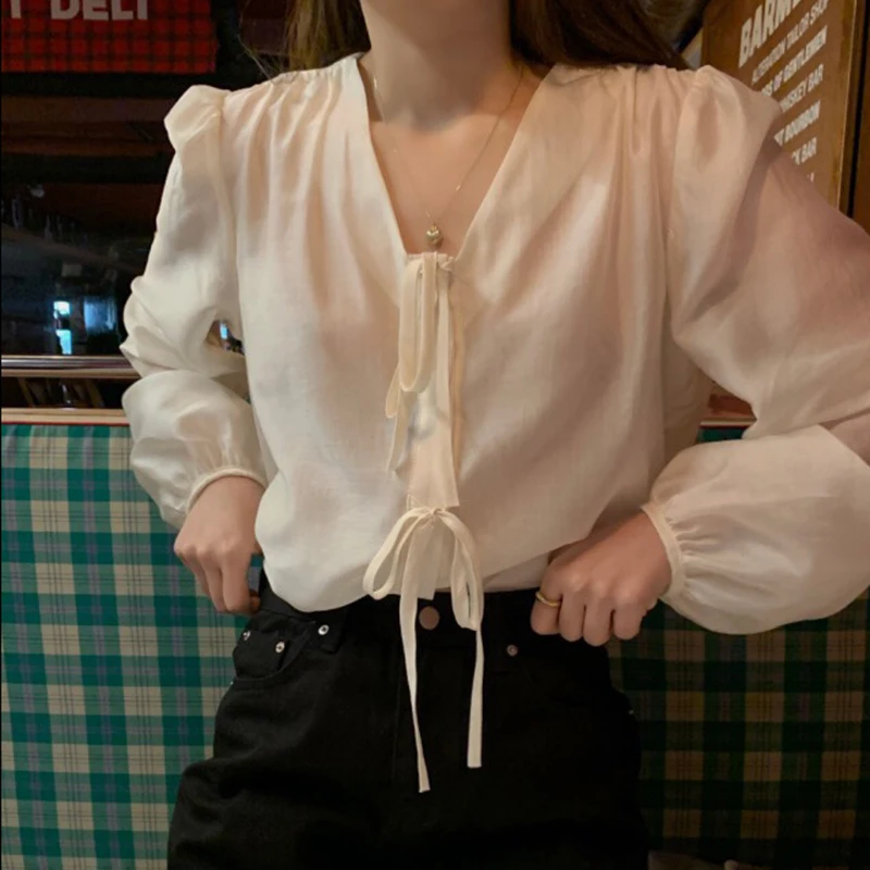 

KUSAHIKI Womens Tops Korean Bow Tie Causal Pullover Blouse Elegant Puff Sleeve V-neck Elegant Perspective Blusas Femme 6F812