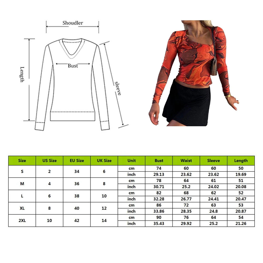 

2021Tie Dye Print Long Sleeve Crop Top Women Casual Summer Spring Aesthetic Harajuku Cut Out Orange Sexy T Shirts Brand Design