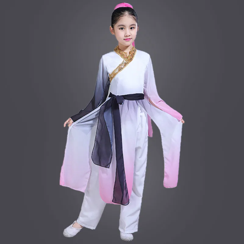 Китайский народный детский танцевальный костюм Yangko Dance Cotsume Восточный веер Одежда для танцев зонтик одежда для танцоров этнический сценический наряд 90