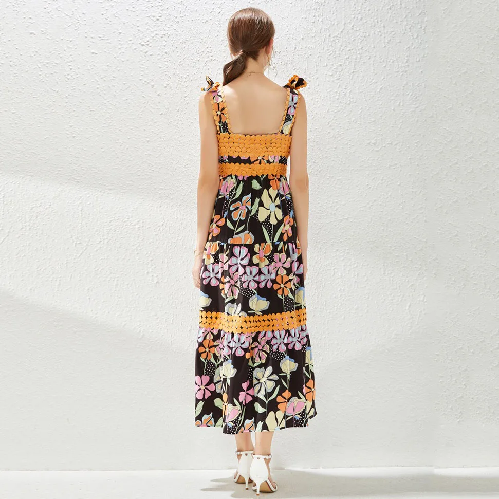 

CHICLADY designer style luxury embroideried spaghetti strap party maxi dresses for women summer floral printed dinner robe femme