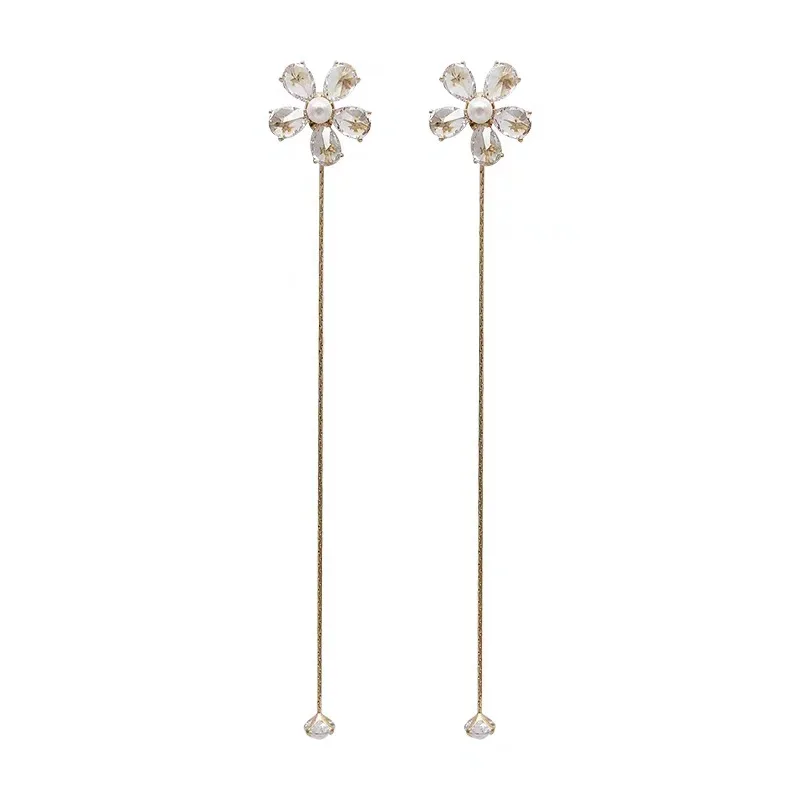 

Shinning Cubic Zirconia Flower Long Tassel Earrings Korea Gold Color Metal Floral Statement Dangle Earrings for Women Girl Gift