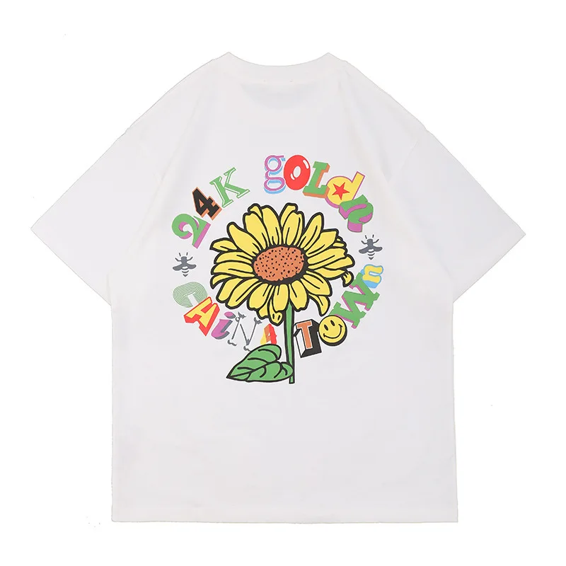 

High Quality Men Women T Shirt Summer 2021 Cartoon Sunflower Letter Printing Oversized T-shirt for Men Clothes 24k Golden
