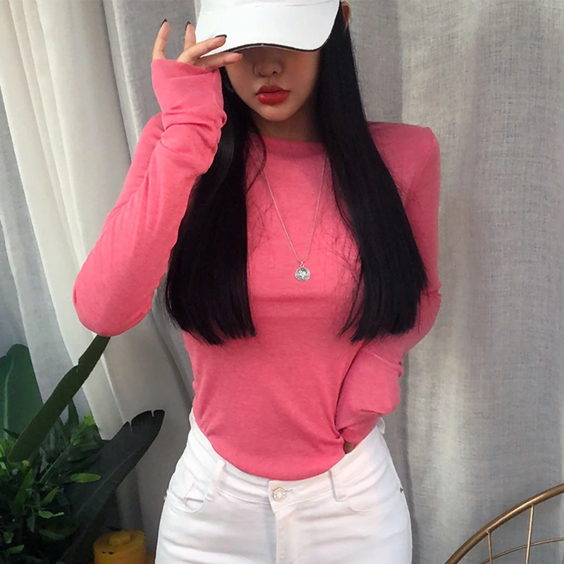 

2022 Sexy T Shirt Women Elastic Korean Style Tee Shirt Femme Slim Basic Solid Tops Fashion Long Sleeve Casual Thin T-shirts