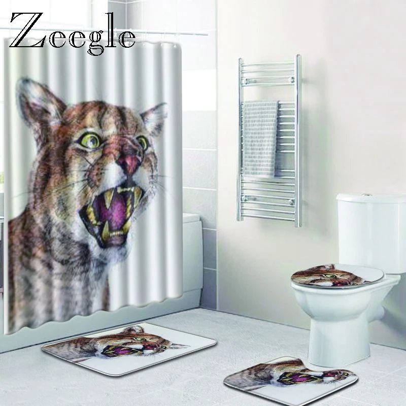 Zeegle Animal Pattern Bath Mat Set with Shower Curtain Anti-slip Doormat Soft Floor Rug Creative for Bathroom | Дом и сад