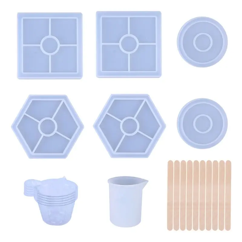 

Silicone Resin Mold Set Square Round Hexagon Epoxy Mould with Measuring Cup Wood Stick DIY Coaster Home Decoration Accessories