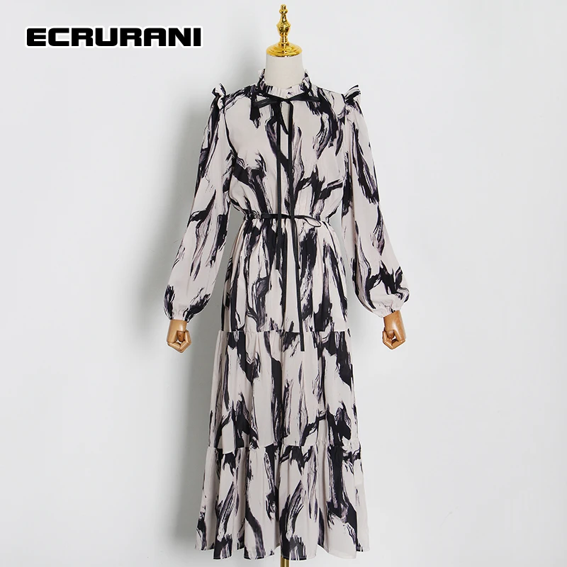 ECRURANI Hit Color Print Dress For Women O Neck Lantern Long Sleeve Vintage High Waist Midi Dresses Female New 2022 Spring