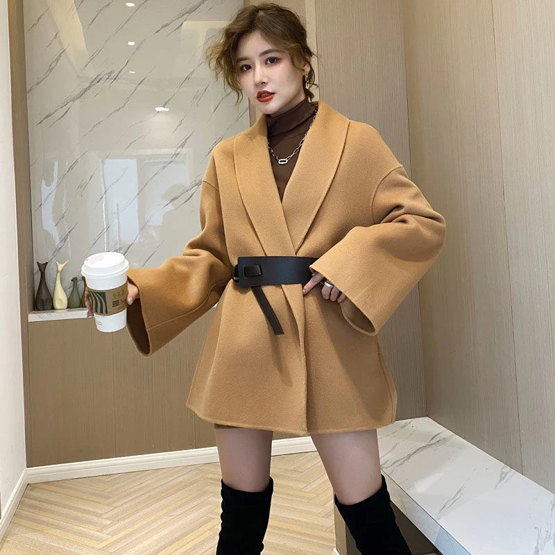 

New high-quality hand-sewn woolen coat womens mid-length 2021 winter black slim small cloak double-sided cashmere coat with belt
