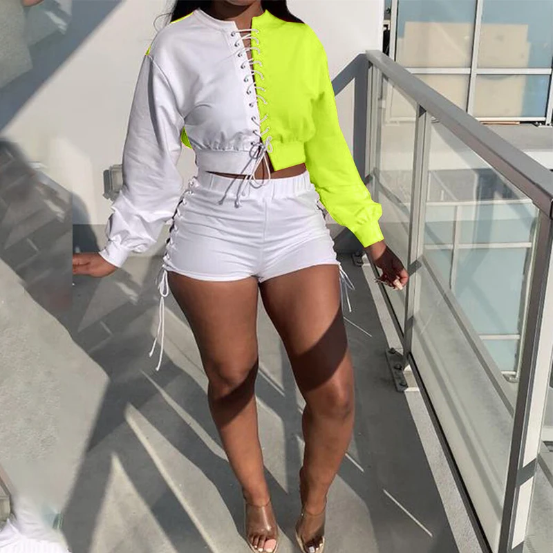 

Two Piece Tracksuit Long Sleeve Colorblock Lace Up Top & Slim Shorts Set