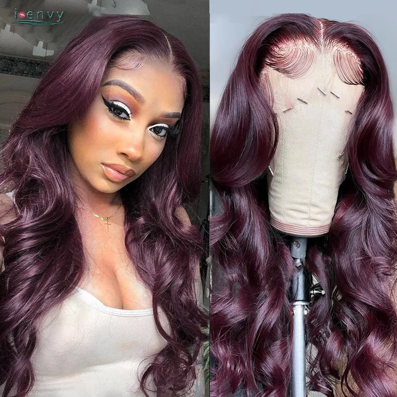 13X4 Burgundy Lace Front Wig Colored 99J Red Lace Frontal Wig Human Hair Wig Body Wave Peruvian 180% Density Pre Plucked Remy