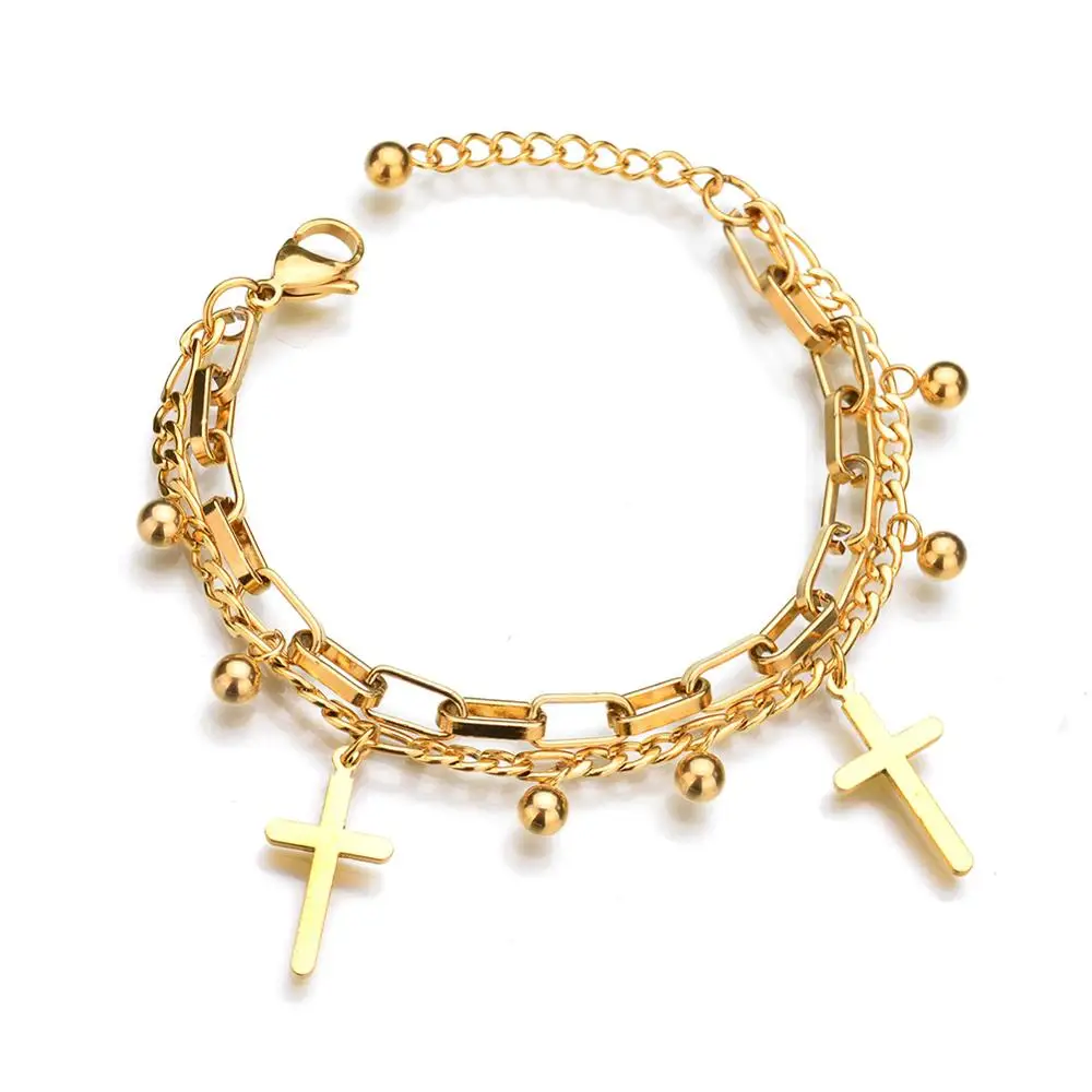 Купи Religious Female Cross Charm Bracelet Gold Color Stainless Steel Chain Link Bracelets for Women Jewelry Bijoux Femme 2022 за 508 рублей в магазине AliExpress