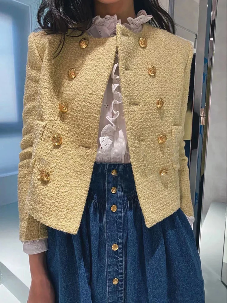 

Korean Fashion Wool Winter Coat Women 2021 Casual Elegant Double-breasted Yellow Jacket O-neck Short Jaqueta Feminina Streetwear