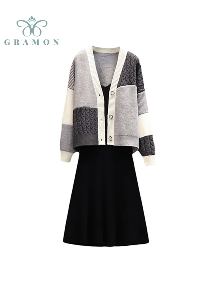 

Women Autumn Two Piece Sets V Neck Long Sleeve Sweater Coat Black Dress Conjunto Casual Fashion Plus Size Suits Winter Clothes