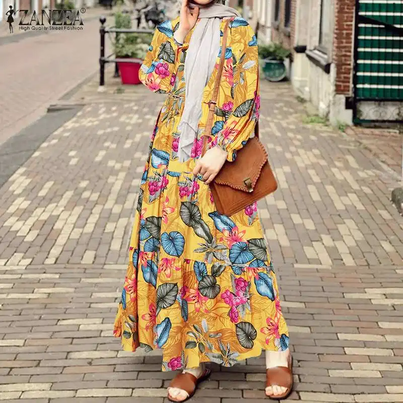 

Bohemian Floral Print Long Maxi Shirt Dress Women Fashion Casual Full Sleeve Muslim Dresses Loose Holiday Party Vestido Abaya