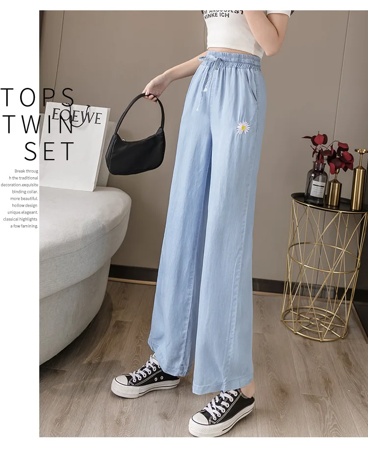 

Women Summer Jeans High Waist Drawstring Straight Wide Leg Loose Ankle Length Daisy Embroidery Denim Pants Drape Jean Trousers