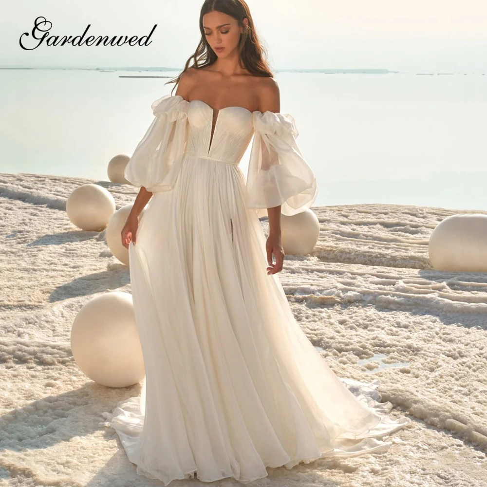 Платье Свадебное ТРАПЕЦИЕВИДНОЕ с открытыми плечами полурукавами фонариками и