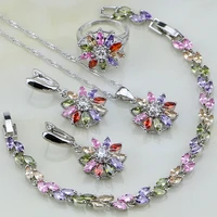 flower multicolor stones cubic zirconia 925 sterling silver jewelry sets for women earringspendantnecklaceringbracelet