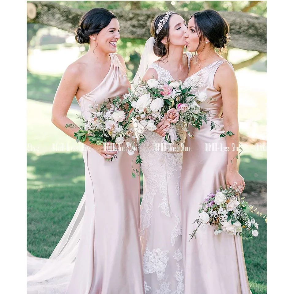 

Elegant One Shoulder Bridesmaid Dresses Zipper Up Back Sheath Long Wedding Party Dresses Lady Honor Vestido De Fiesta