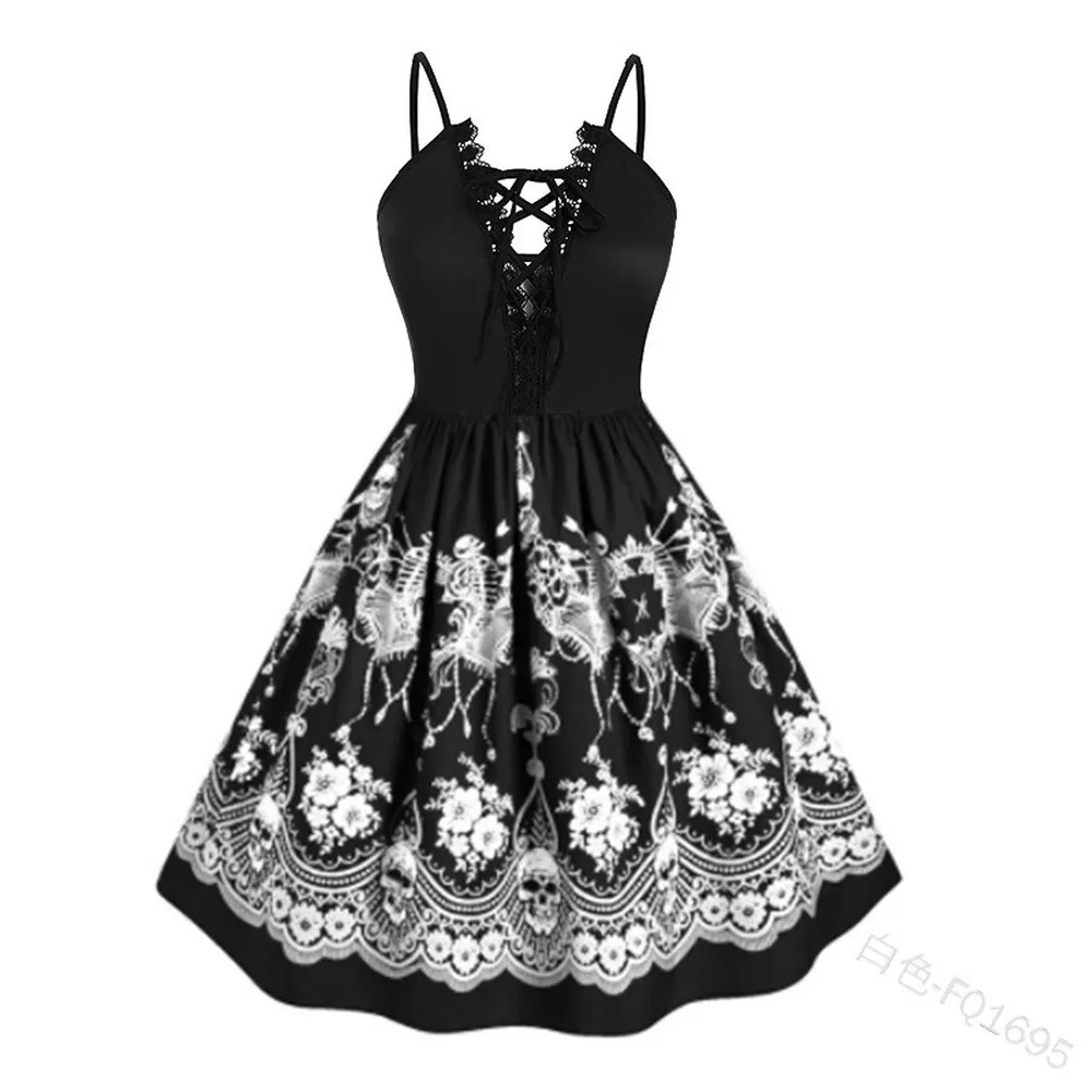 

2020 Fashion Vintage Dress Sexy Lace Elegant Spaghetti Strap Dress Women's Fashion Print High Waist Lace-up Dresses