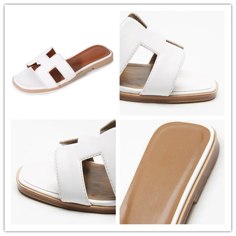 

Women's Slippers Women's Square Toe PU Leather Slippers Women's Summer Flat Sandals Plus Size Flat Sandals 43