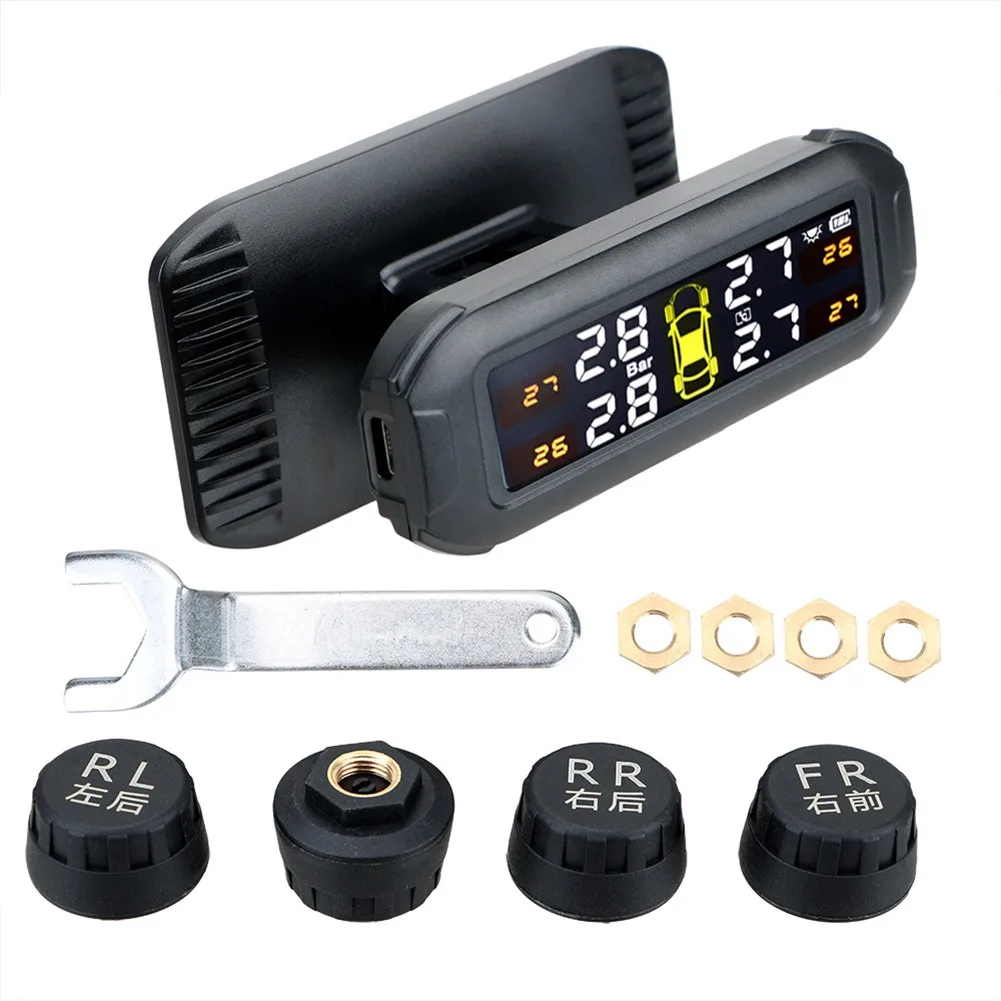 

Wireless Solar TPMS LCD Car Tire Pressure Monitoring System 4 External Sensors Tire Pressure Monitor