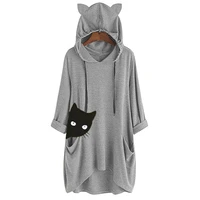 cat print pocket three quarters sleeve midi length hoodies women casual streetwear cat ear design oversized hooded tops