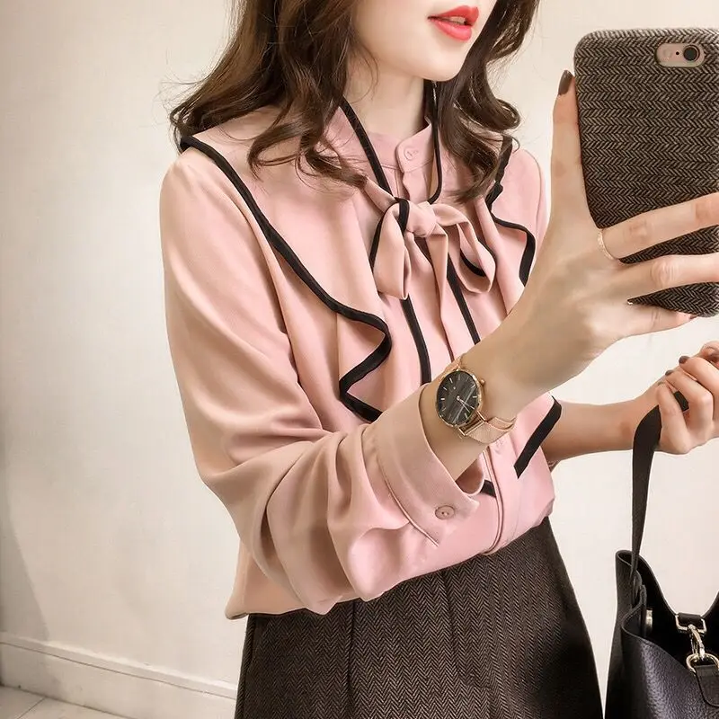 Новые модные женские блузки с длинным рукавом розовые шифоновая женская блузка