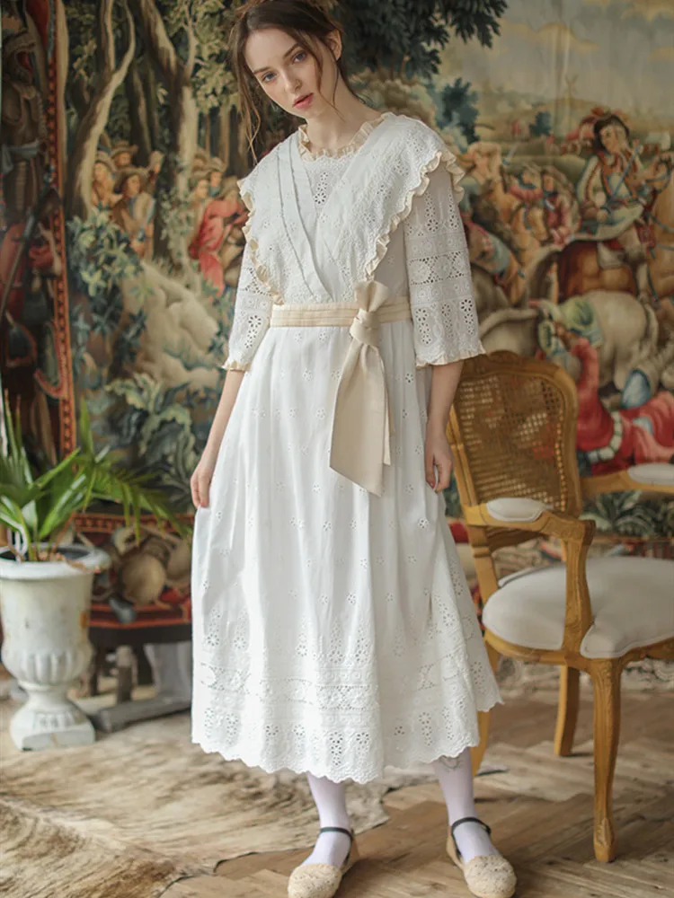 

Spring Summer 2020 Women Victoria Vintage Elegant Slim Mori Girl Midi Hollow Out Embroidery Cotton Long White Dress