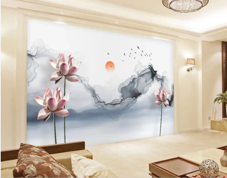 wallpaper for walls 3 d living room Chinese style landscape lotus art background wall | Обустройство дома