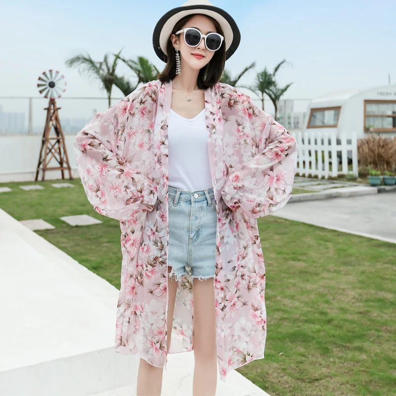 

Новинка 2023, Летняя женская одежда, размер, тайланские цветы, ультратонкое Свободное пальто, пляжный шифоновый Солнцезащитный Женский Топ и блузки