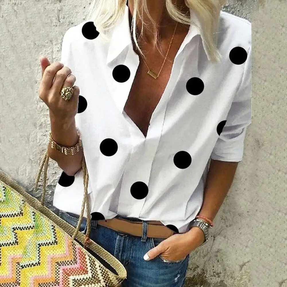 

Office Lady Turn Down Collar Long Sleeve Polka Dots Print Shirt Casual Blouse Dots Print Comfortable to Wear