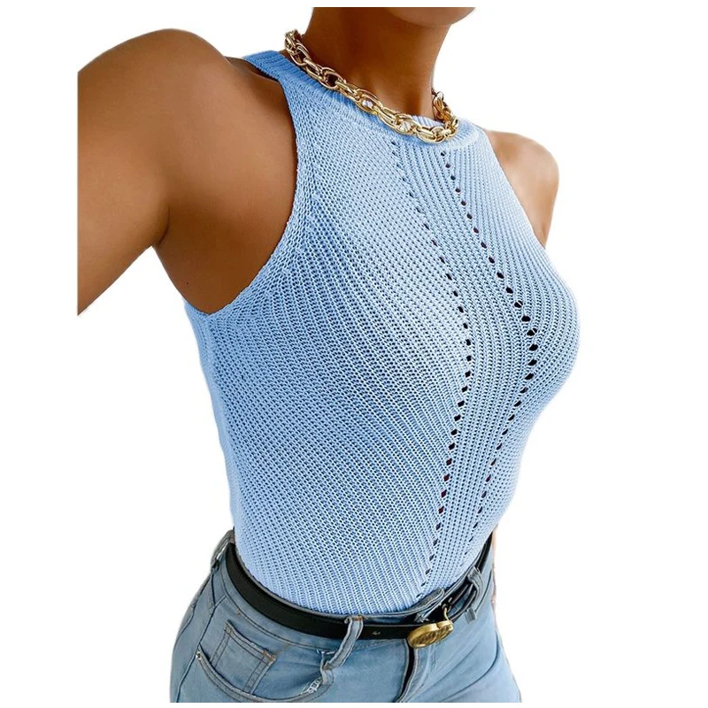 

2021 Summer Women's Solid Color Ribbed Knitted Vest Sleeveless Round Neck Crop Tops Sexy Elastic Basic Slim Harajuku Tank