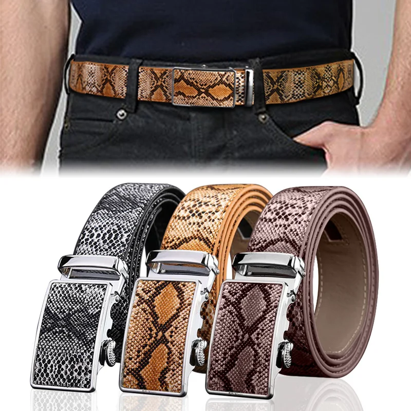 Punk Rock Metal Long Buckle Belt Snake Pattern Belts For Men Fashion Casual Faux Leather Straps Classic Snake Skin Waistband