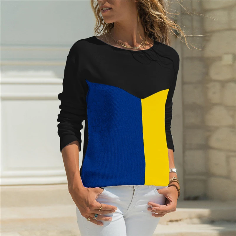 Женская Повседневная Блузка с длинным рукавом круглым вырезом в стиле пэчворк на