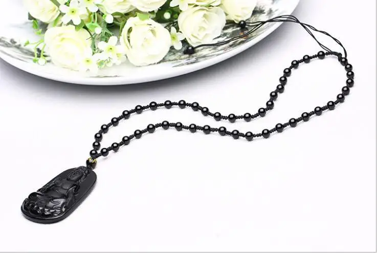

LETSFUN Fine Jewelry Manual Natural Obsidian Hand Carved Black Buddha Guanyin Amulet Bless Pendant Free Shipping