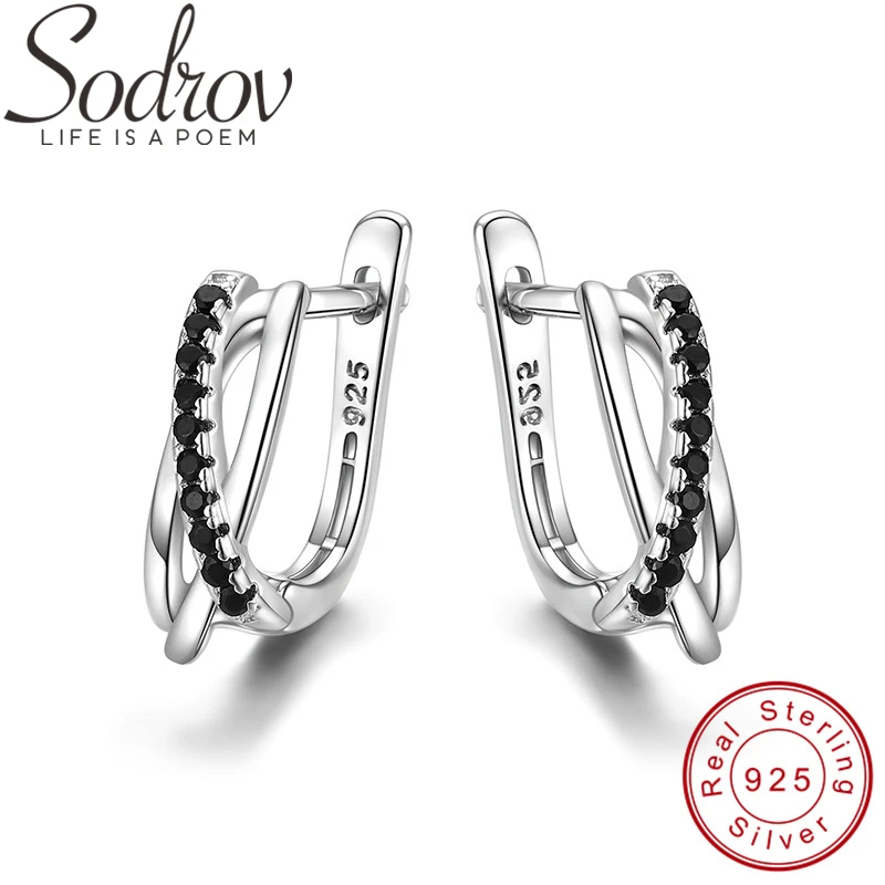 SODROV, настоящие 925 пробы, серебряные серьги-кольца для женщин, черная шпинель, серебро 925, ювелирные изделия I023