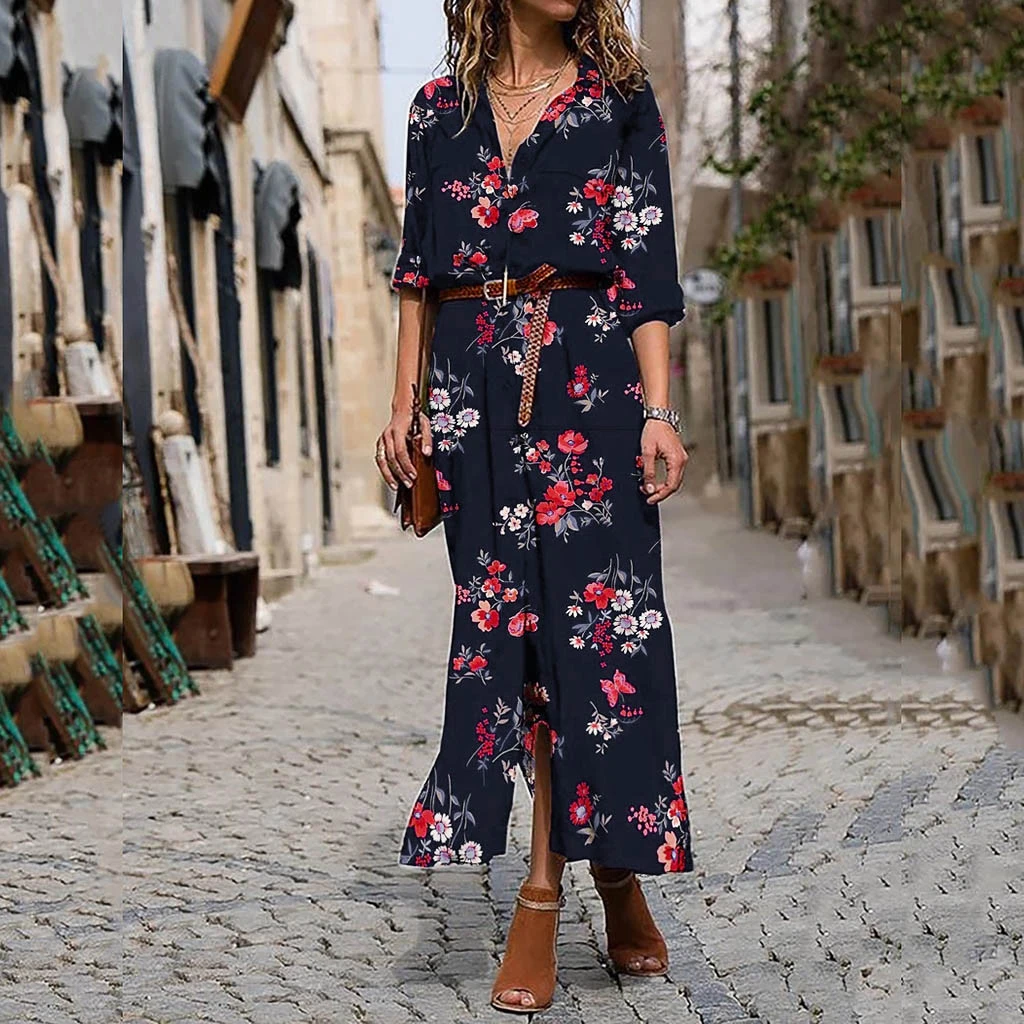 Длинные Платья с цветочным принтом осень V образный вырез рукав до локтя высокая