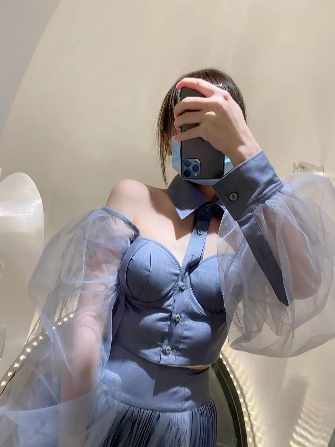 

summer luxury women mesh sleeve strapless shirt blouse + midi skirt female fashion sets ddxgz2 5.04