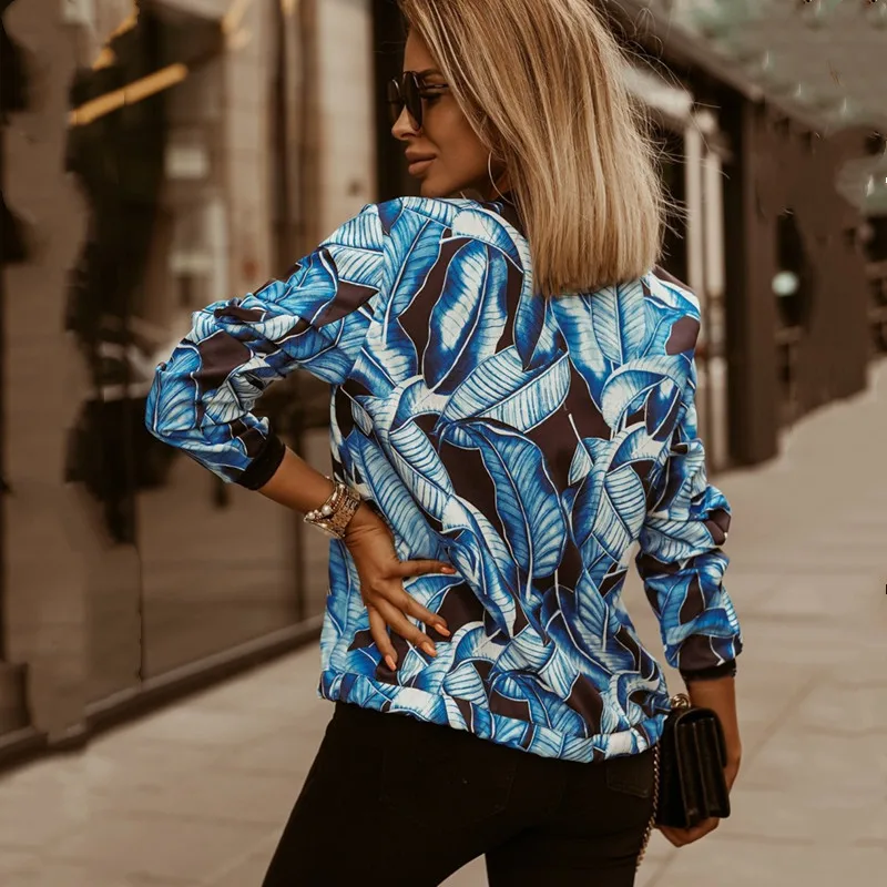 

Women Bomber Jacket Fashion Flower Print Long Sleeve Casual Zipper Up Vintage Ladies Coat Tops Elegant Slim Basic Female Jackets