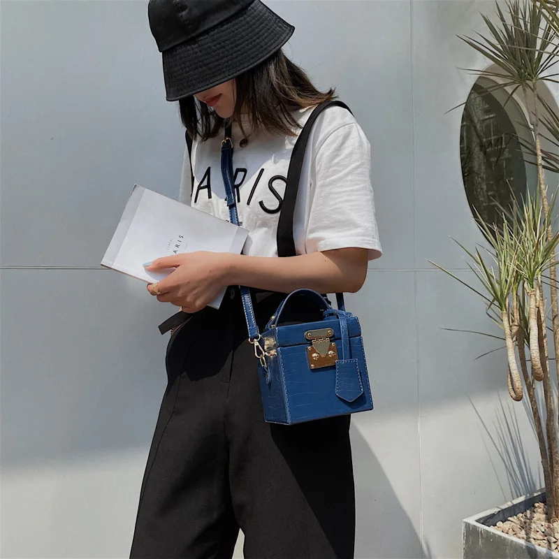 

Genuine Leather Box Design Buckle Candy Color Stone Pattern Women Shoulder Handbag Luxury Designer Lock Style Lady Crossbody Bag