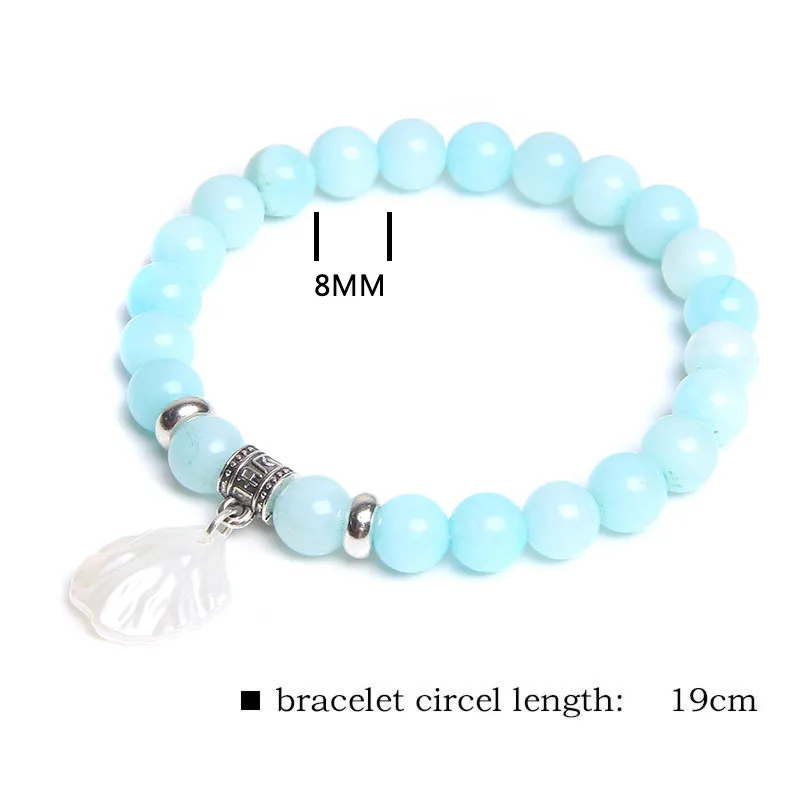 

Natural Gem Stone Blue Chalcedony Bracelets Women Elegant White Shell Pendant Polished Aquamarines Bead Bracelets Energy Jewelry