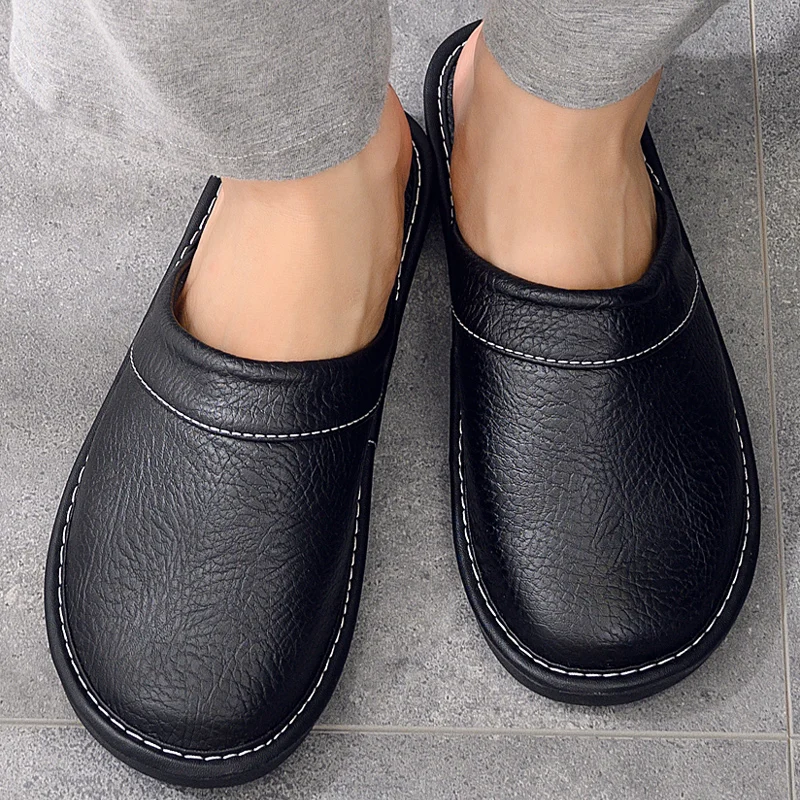 

2021 Fashion Solid Black PU Leather Slippers Male Female Slides Unisex Indoor Casual Leather Shoes Men Slipper Plus Size 47 48