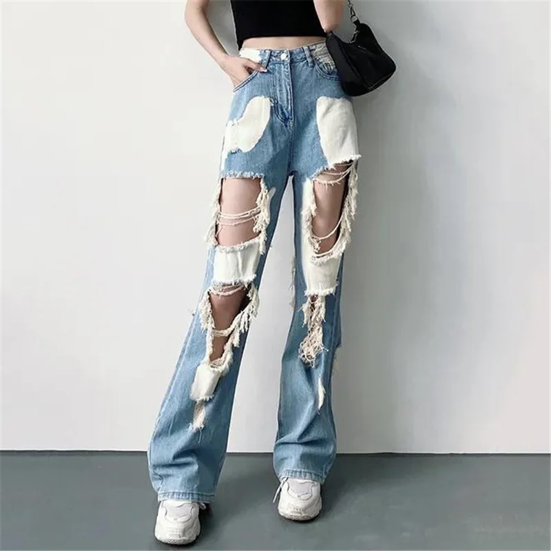 

Sexy Ripped Jeans Beggar Women Big Holes Destroyed Broken Torn Pants Vintage Female Denim Trousers Distressed Designer Boyfriend