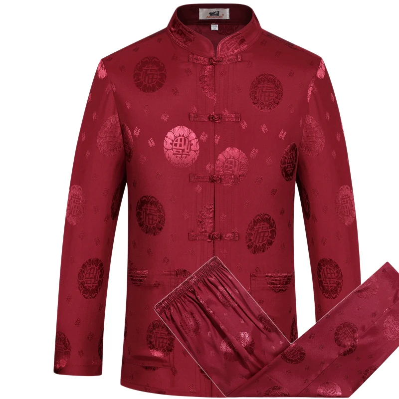 Gray Chinese Dragon Men's Tang Suit Sets Long Sleeve Shirt Long Pants Dragon Kung Fu Suit High Quality Silk Wu Shu Tai Chi Sets - Цвет: C red